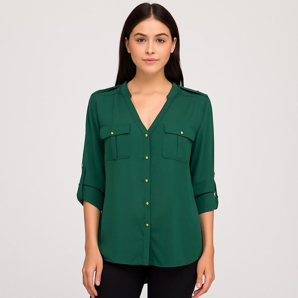 Haute Project Los Angeles Green Button Down Blouse Gold Button Detail Size M